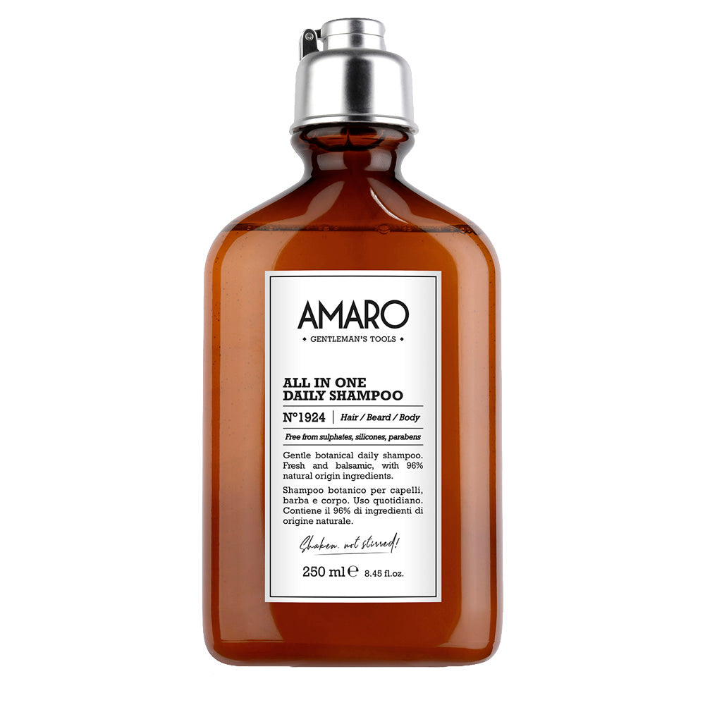 Amaro All in One Daily Shampoo 250ml by FarmaVita Italy — professional all-in-one daily shampoo for men's hair, beard, and body, wholesale at Beauty Canada