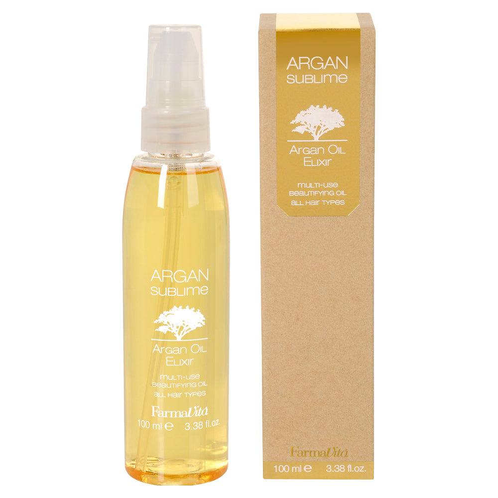 Argan Sublime Elixir Hair Oil 100ml by FarmaVita Italy — professional multi-use Argan oil elixir for silky, shiny hair, wholesale at Beauty Canada