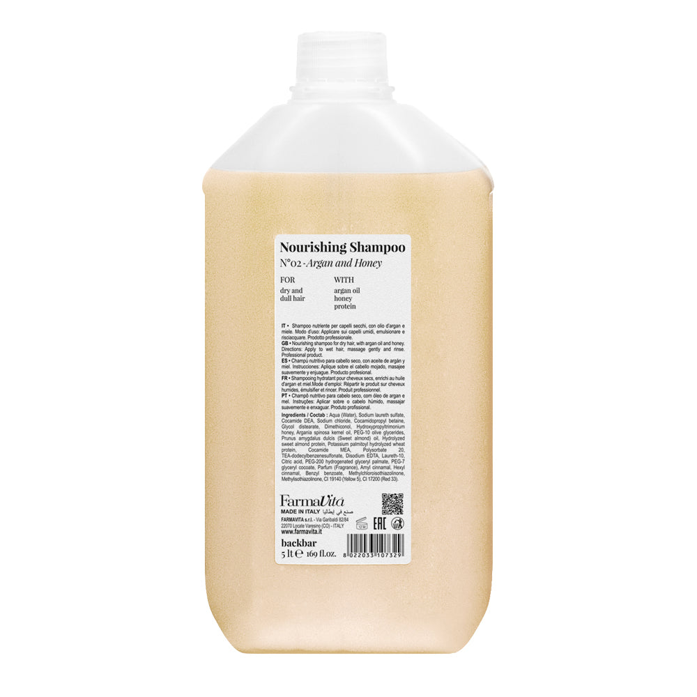 Back Bar Nourishing Shampoo N°02 Argan and Honey by FarmaVita Italy — professional nourishing back bar shampoo with Argan and honey, wholesale at Beauty Canada