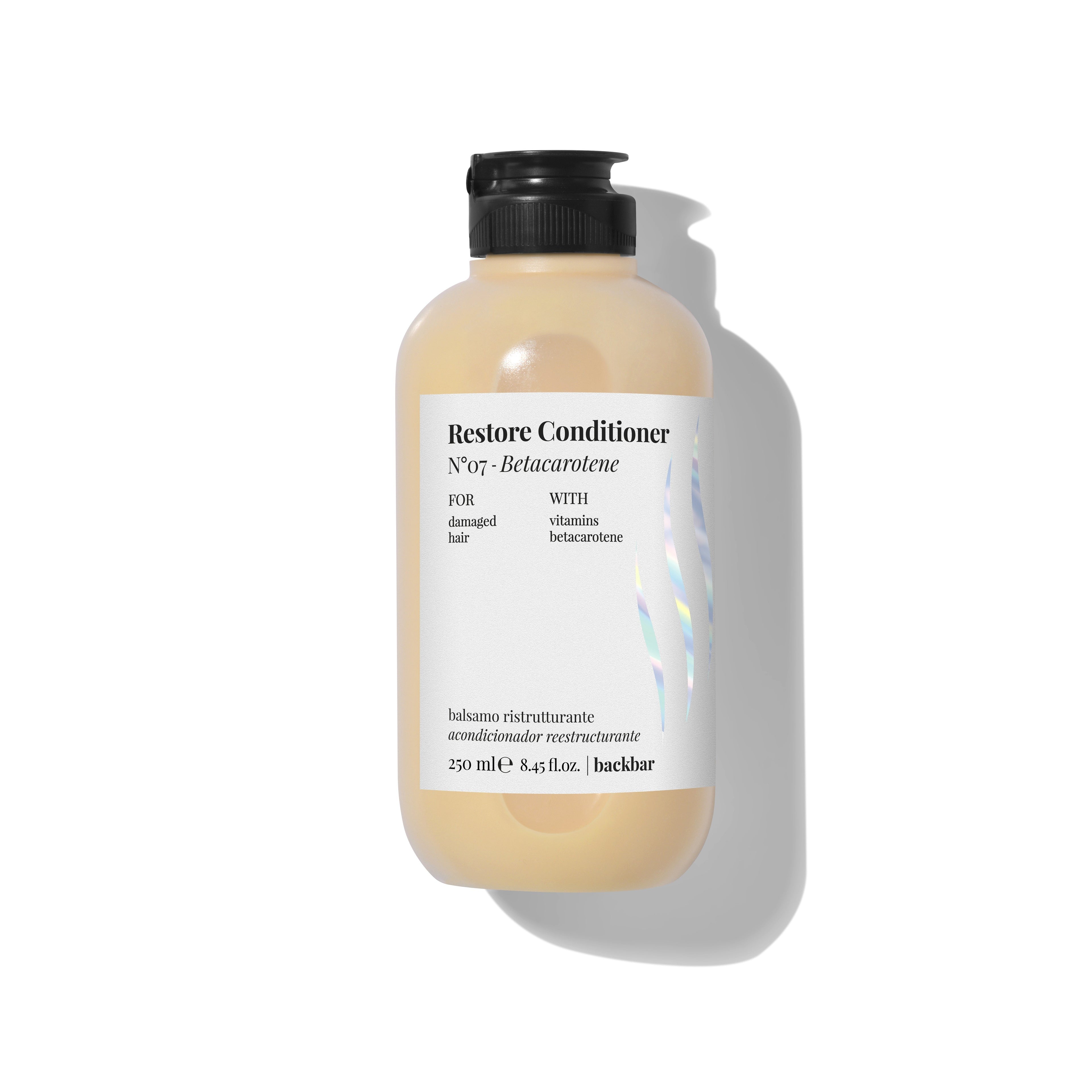 Back Bar Restore Conditioner N°07 Betacarotene by FarmaVita Italy — professional restoring conditioner for damaged hair with betacarotene provitamin A, 250ml retail size, wholesale at Beauty Canada