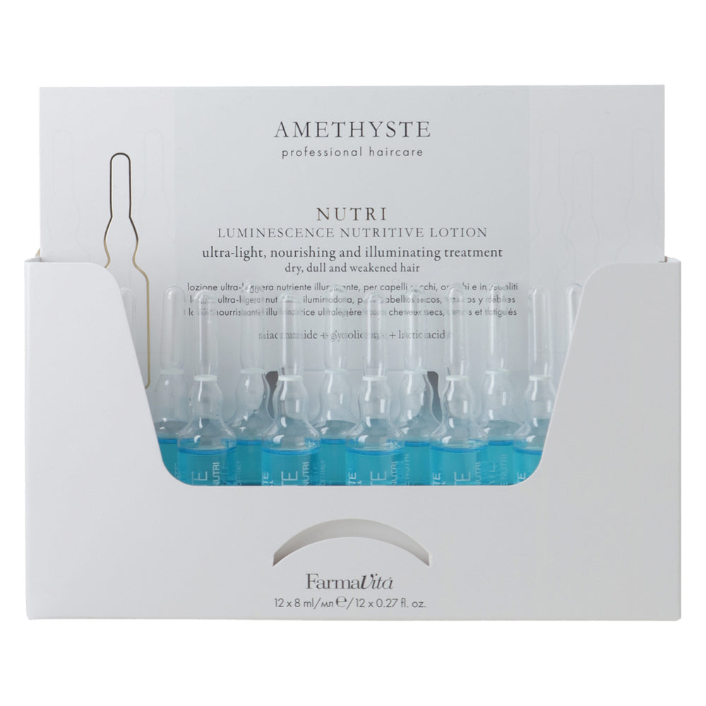 Amethyste Nutri Luminescence Nutritive Lotion 12 x 8ml by FarmaVita Italy — professional nourishing leave-in lotion vials for dry hair, wholesale at Beauty Canada