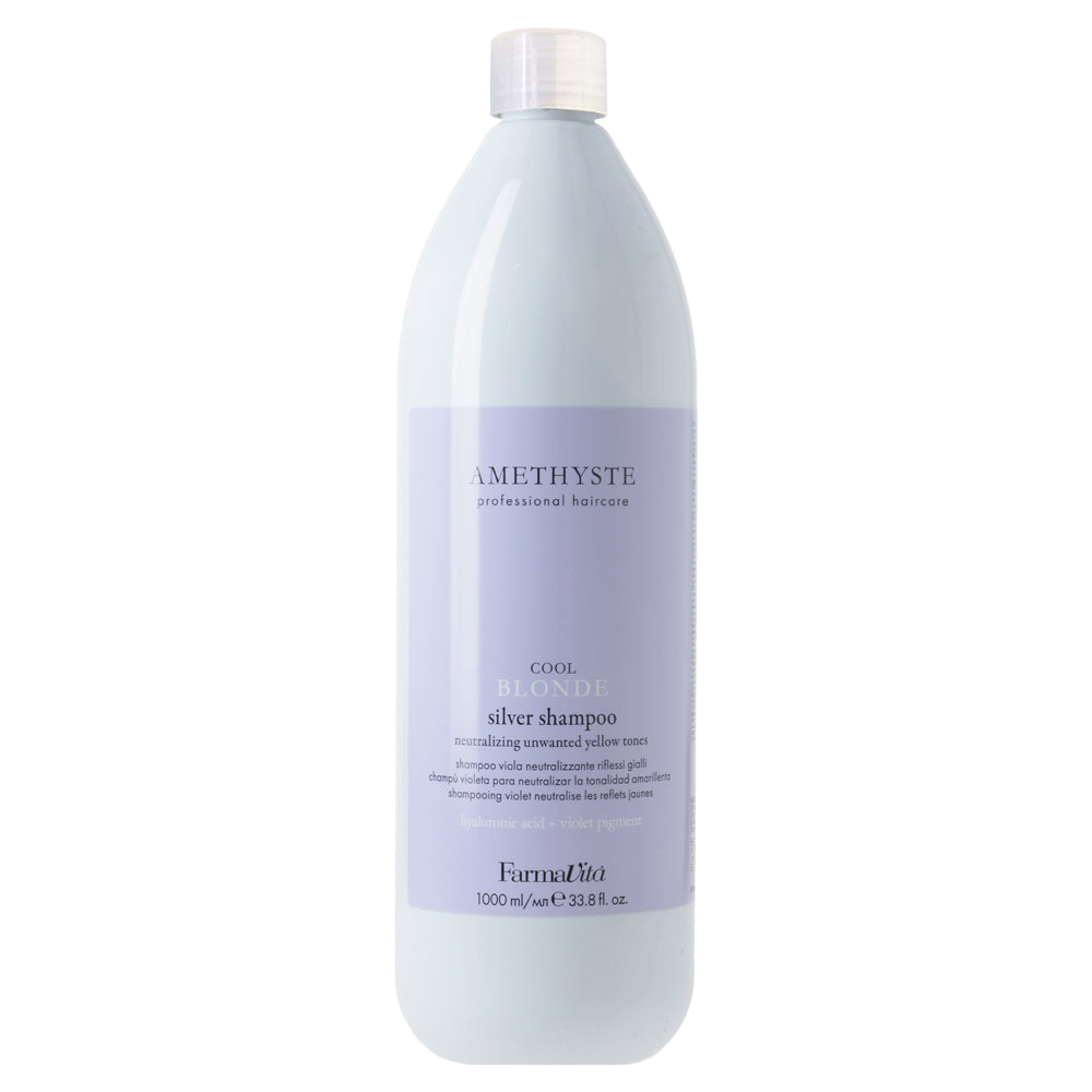 Amethyste Blonde Cool Blonde Silver Shampoo 1000ml by FarmaVita Italy — professional purple shampoo for cool blonde and silver hair, back bar size, wholesale at Beauty Canada