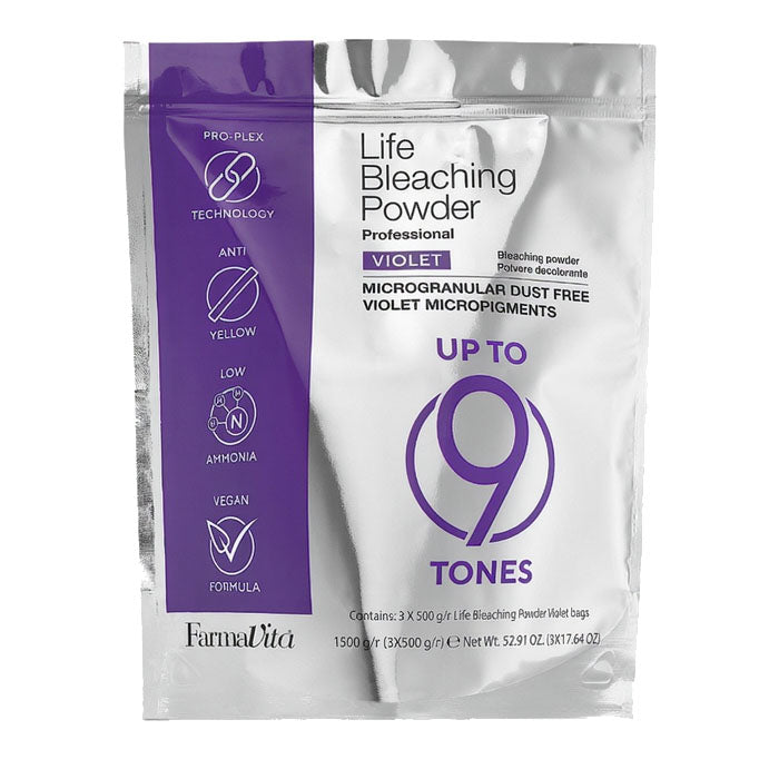 Life Bleaching Powder Violet Aluminum Bag 500g by FarmaVita Italy — professional violet anti-yellow bleaching powder, wholesale at Beauty Canada
