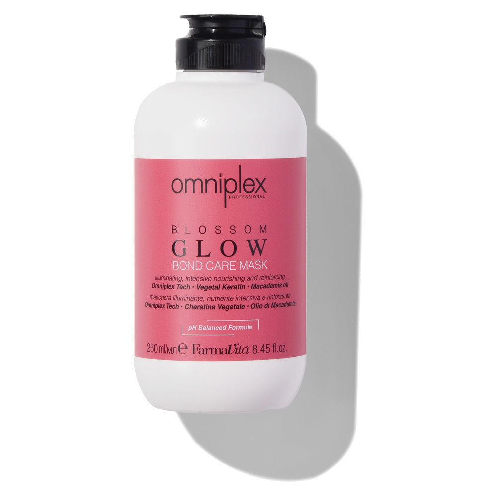 Omniplex Blossom Glow Bond Care Mask 250ml by FarmaVita Italy — professional bond care mask with Omniplex Tech, Vegetal Keratin and Macadamia Oil, wholesale at Beauty Canada