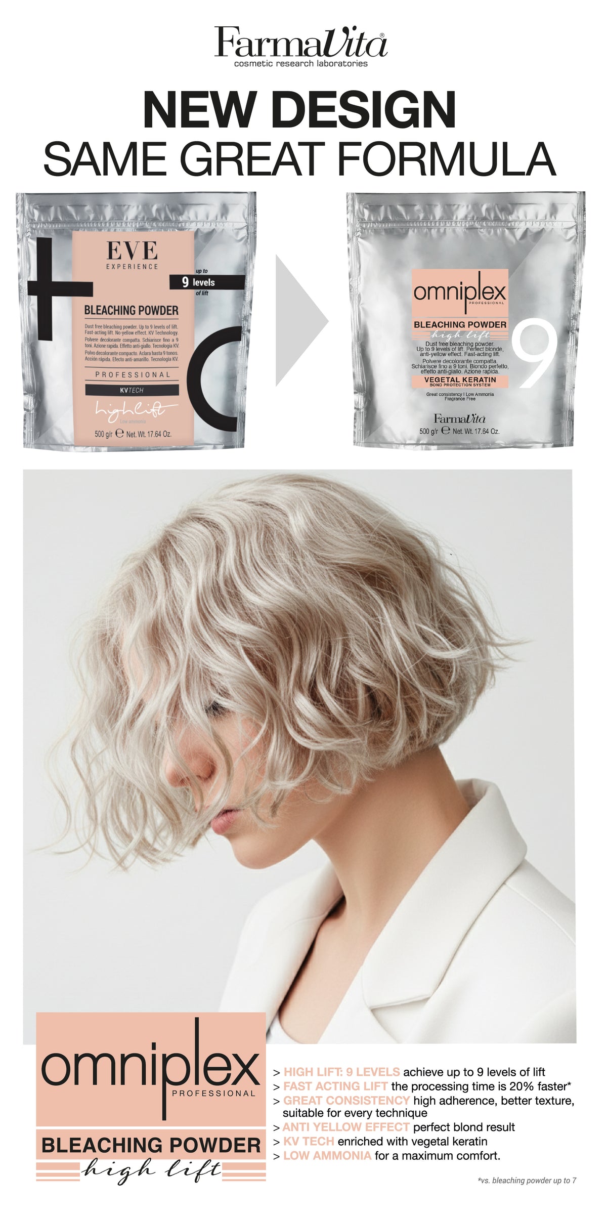 Omniplex High Lift Bleaching Powder 9 Levels 500g pouch, FarmaVita Italy professional bleaching powder