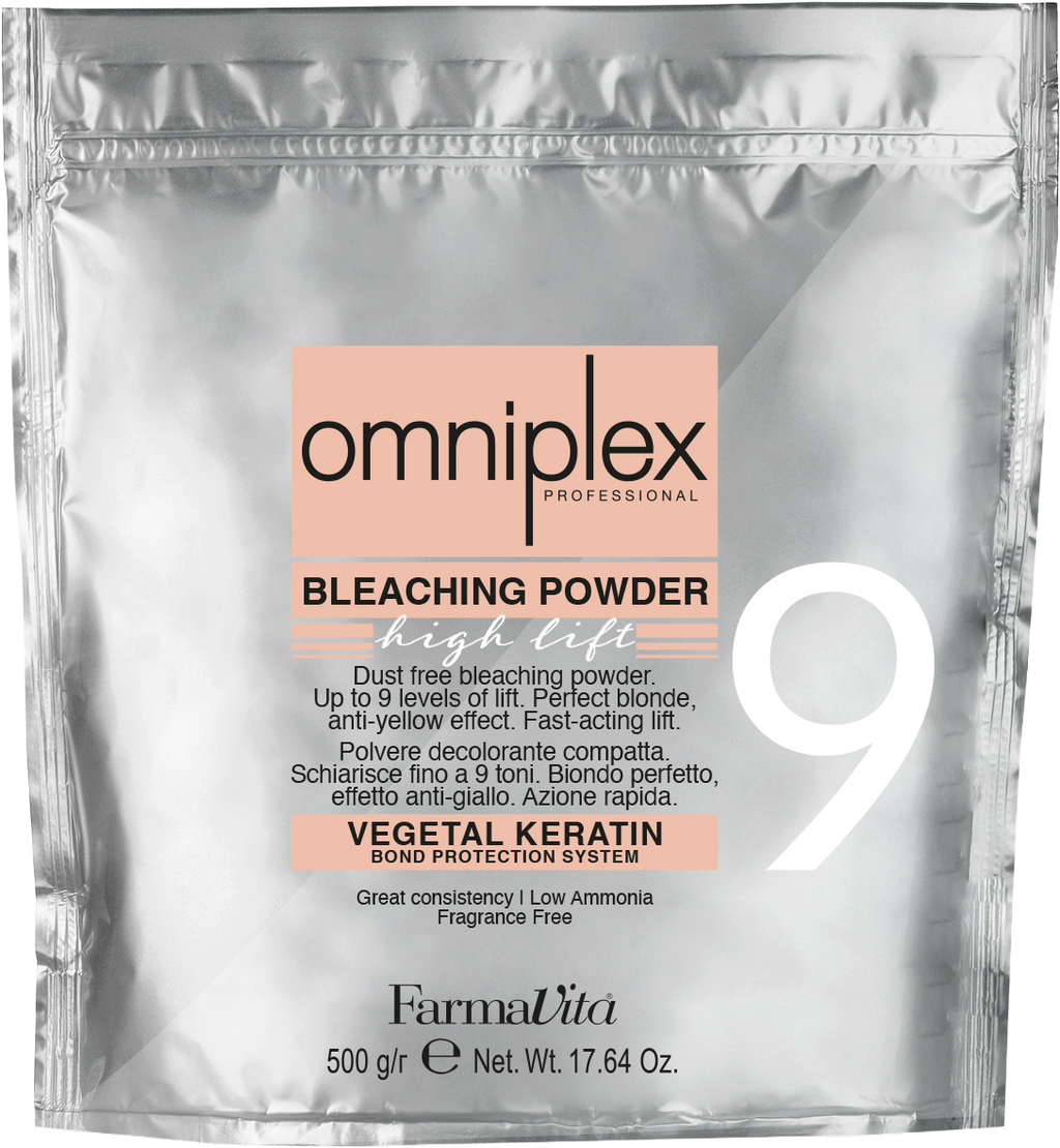 Omniplex High Lift Bleaching Powder 9 Levels 500g by FarmaVita Italy, dust-free high-lift salon bleach with KV Tech bond protection, wholesale at Beauty Canada