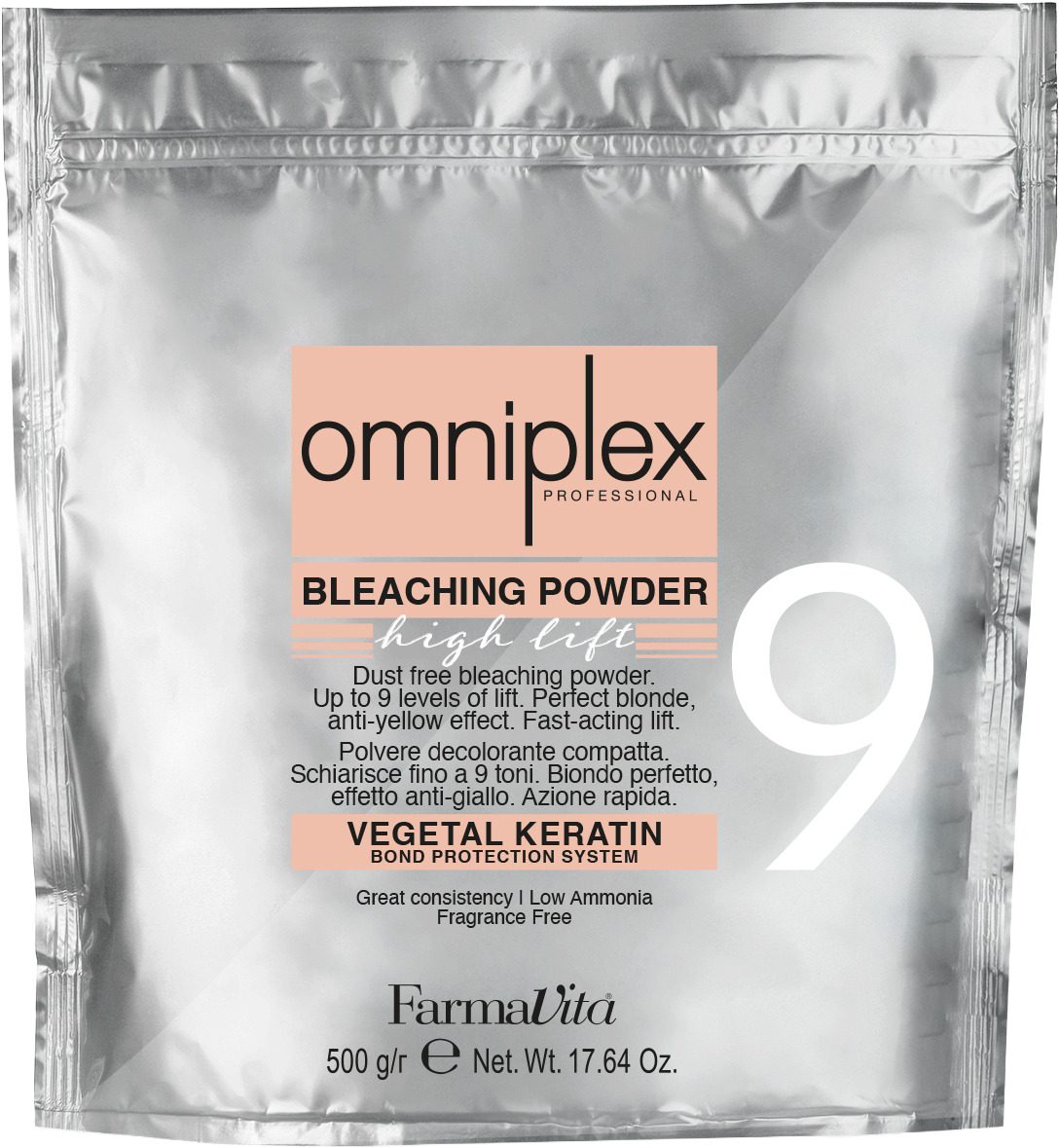 Omniplex High Lift Bleaching Powder 9 Levels 500g by FarmaVita Italy, dust-free high-lift salon bleach with KV Tech bond protection, wholesale at Beauty Canada